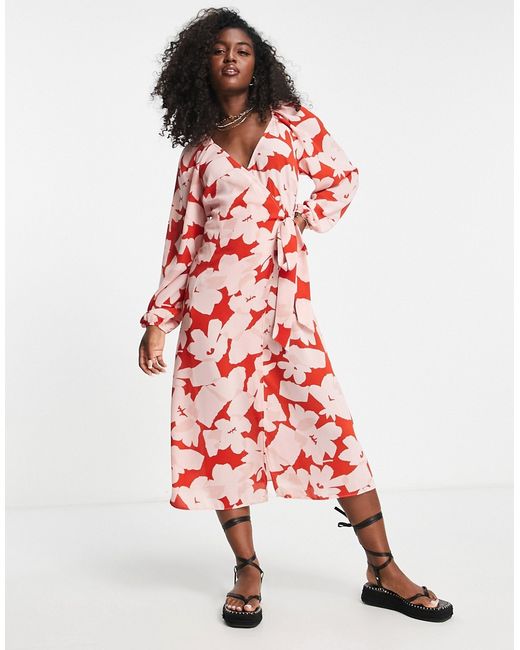 Asos Design wrap belted midi dress in large red floral print-