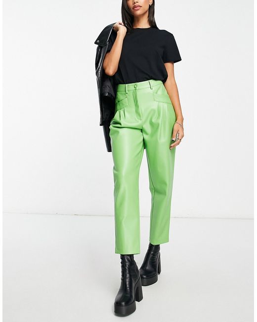 Miss Selfridge faux leather pleated high waist peg pants in green-