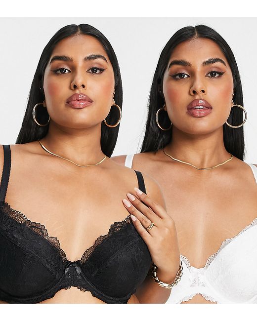 Simply Be 2 pack lace padded plunge bras in black and white-