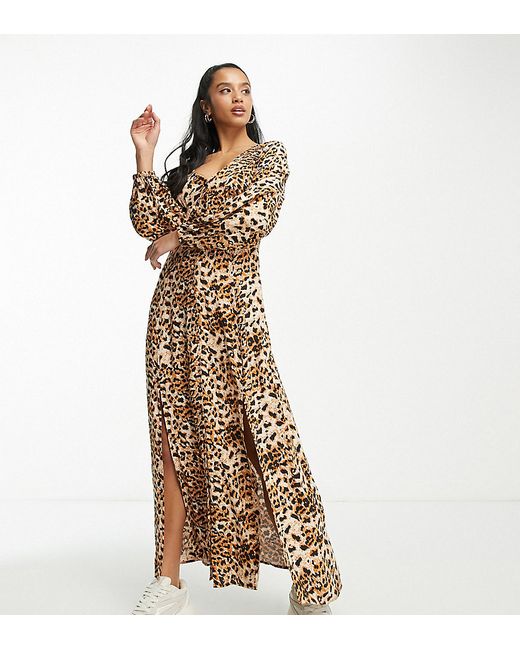 Miss Selfridge Petite long sleeve button through maxi dress in leopard-