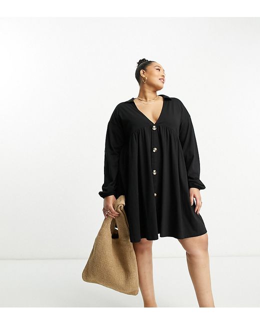 ASOS Curve DESIGN Curve long sleeve mini smock dress with buttons in