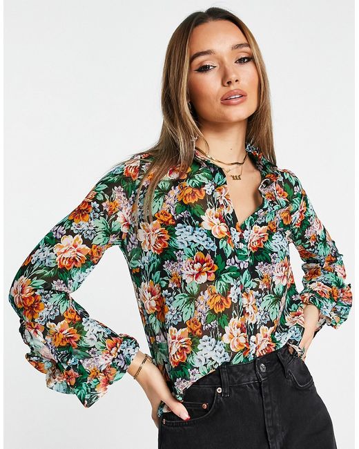 River Island floral print blouse in black-