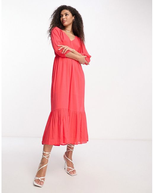French Connection balloon sleeve boho midi dress in textured