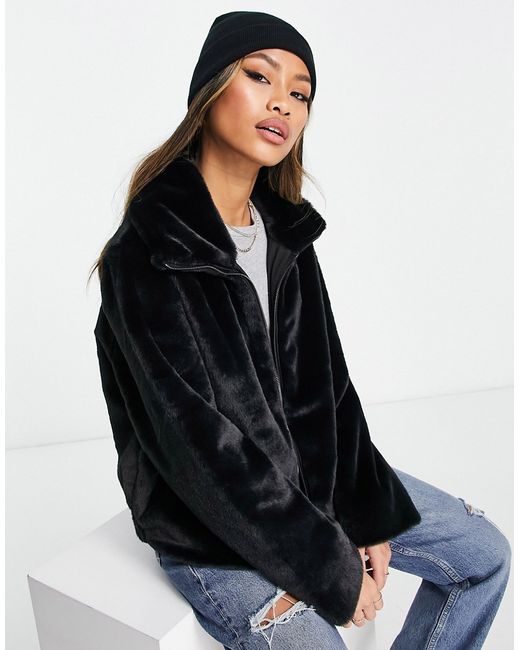 French Connection faux fur high neck bomber jacket in