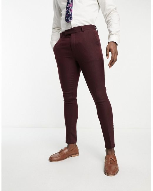 Asos Design super skinny wool mix suit pants in burgundy herringbone-