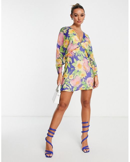 Asos Design batwing sleeve large floral print mini dress in
