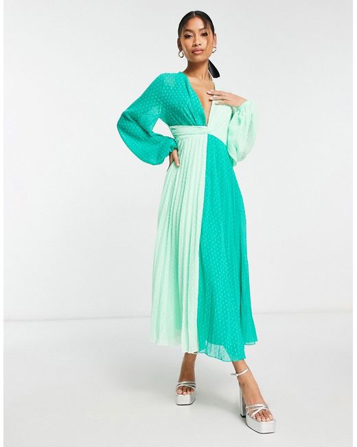 Asos Design textured twist front pleated midi dress in green block-
