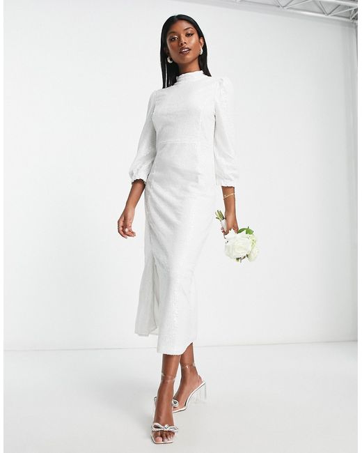 Y.A.S Bridal long sleeve sequin midi dress in