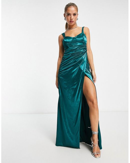 Asos Design cupped ruched high split satin maxi dress in teal-