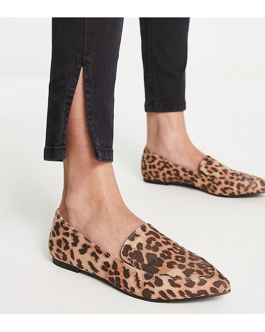 London Rebel Wide Fit pointed flat loafers in leopard-