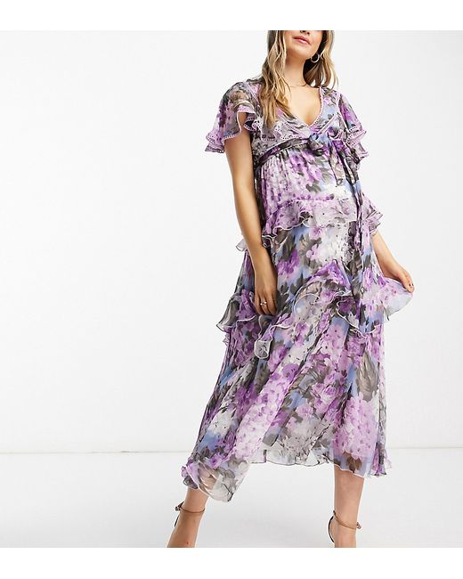 ASOS Maternity DESIGN Maternity tiered midi dress with lace insert and open back in lilac large floral print-
