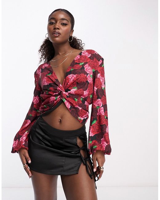 Urban Revivo twist front blouse in rose print