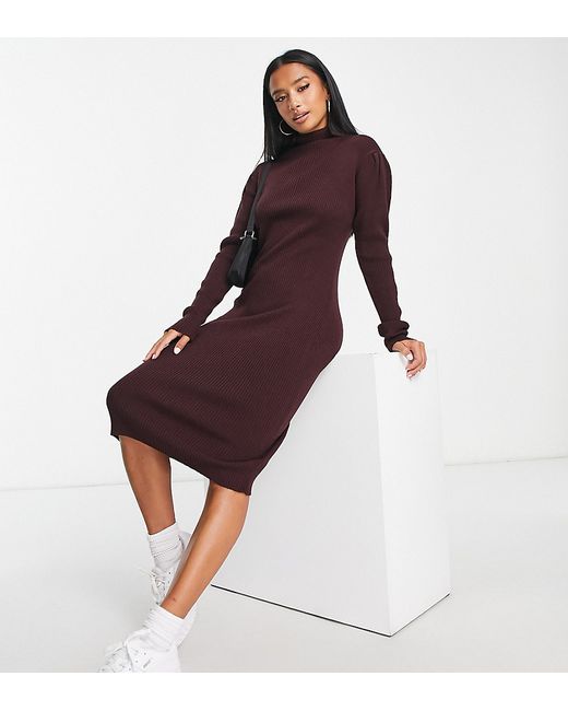 Brave Soul Petite juliet high neck knitted sweater dress in burgundy-
