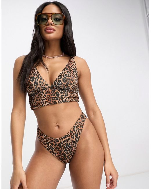 Asos Design mix and match ribbed high leg hipster bikini bottom in leopard print-