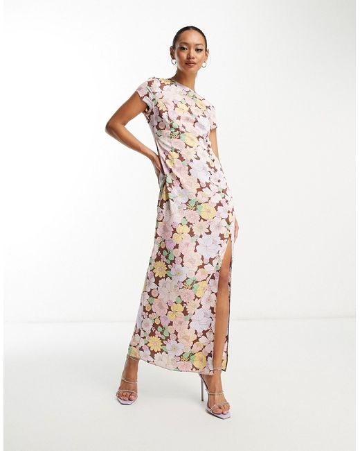 Asos Design button side detail satin midi tea dress in bold floral print-