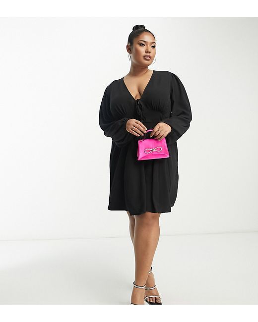 ASOS Curve DESIGN Curve long sleeve tie front mini tea dress with godets in