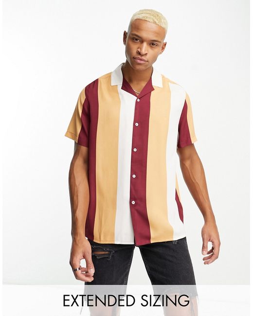 Asos Design relaxed camp collar retro stripe shirt in burgundy-