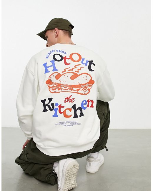 Asos Design oversized sweatshirt in off with cartoon sandwich back print
