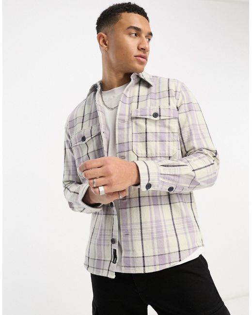 Only & Sons heavyweight check overshirt in beige lilac-