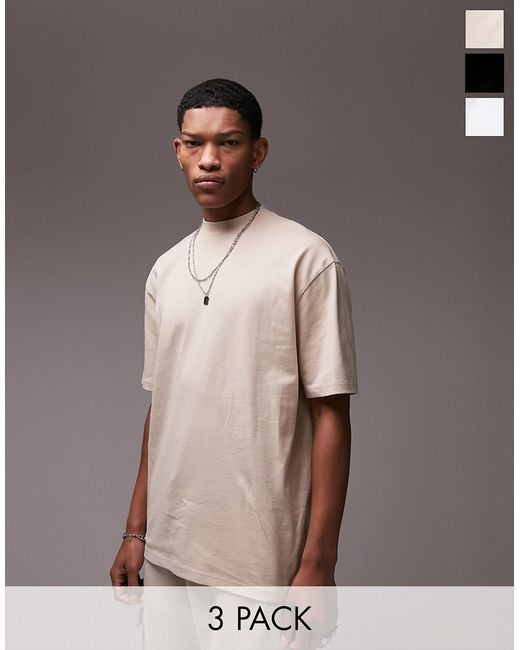 Topman 3 pack oversized fit t-shirt in black white and stone-