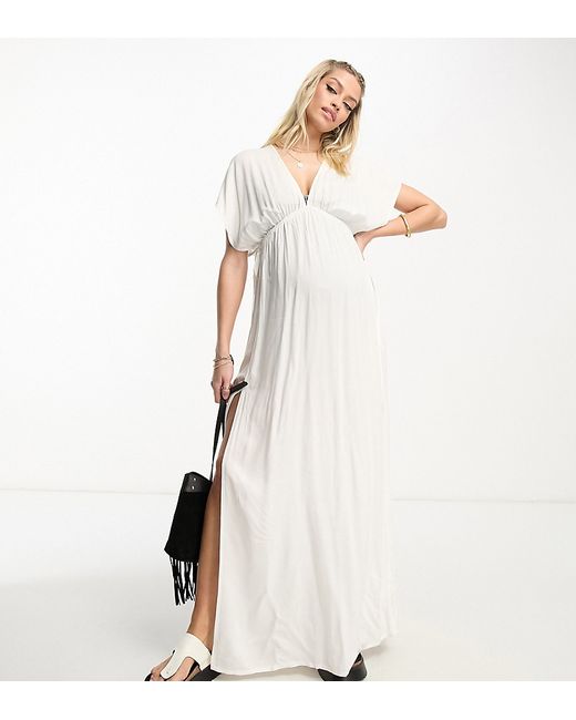 ASOS Maternity DESIGN Maternity flutter sleeve maxi beach dress with channeled tie waist in