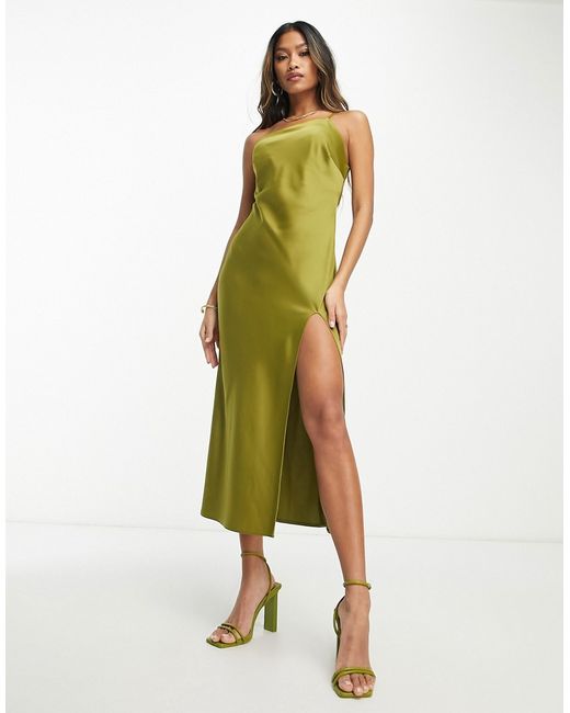 Asos Design one shoulder satin midi dress in olive-