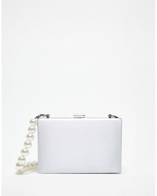 True Decadence structured box clutch bag in silver satin with pearl handle-