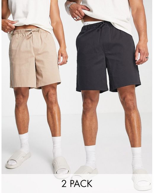 Asos Design 2 pack slim chino shorts in beige and black save-