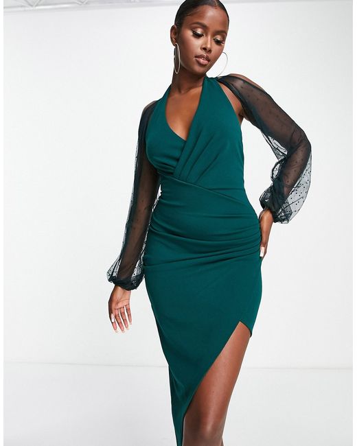 Jaded Rose wrap front midi dress with organza balloon sleeves in emerald