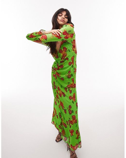 TopShop gathered floral open back long sleeve maxi dress in