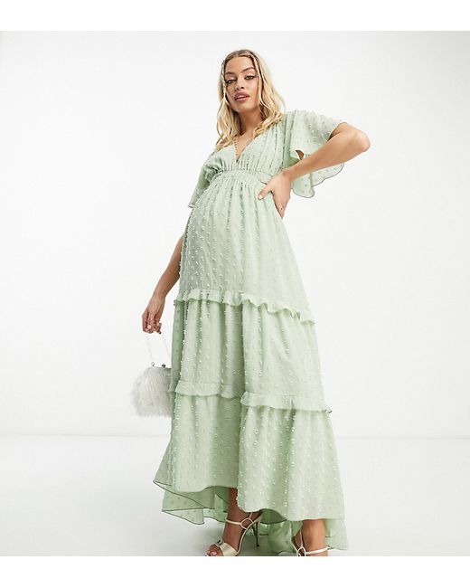 ASOS Maternity DESIGN Maternity angel sleeve plunge textured tiered maxi dress with cut out and rouleux detail in sage-