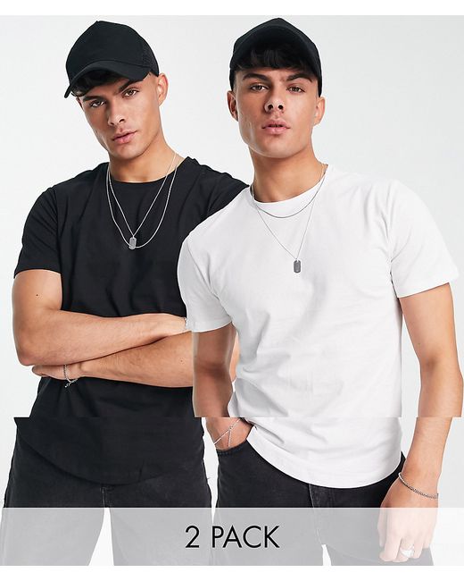Only & Sons 2 pack longline curved hem t-shirt in black white-