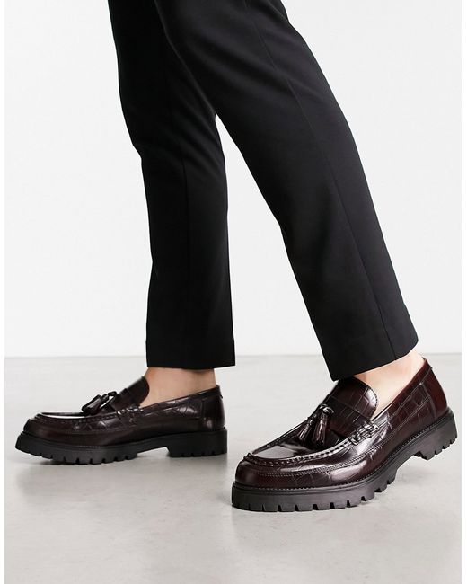 Red Tape chunky tassel loafers in burgundy croc leather