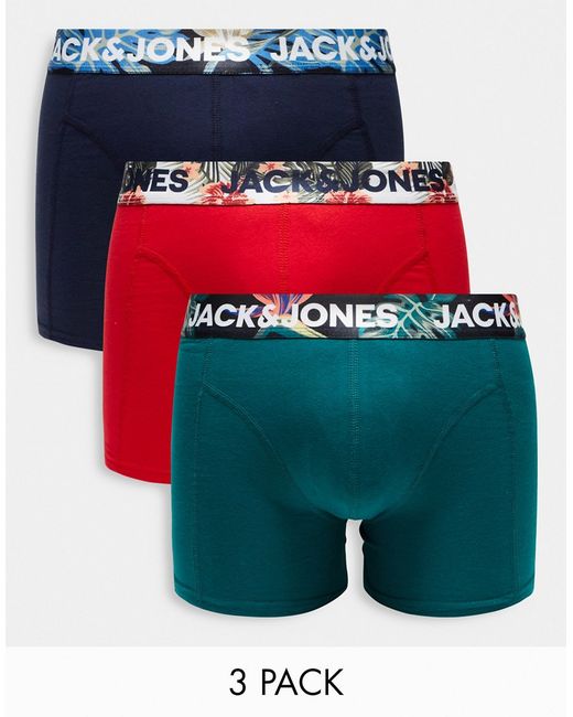 Jack & Jones 3-pack trunks with tropical waistband print in navy