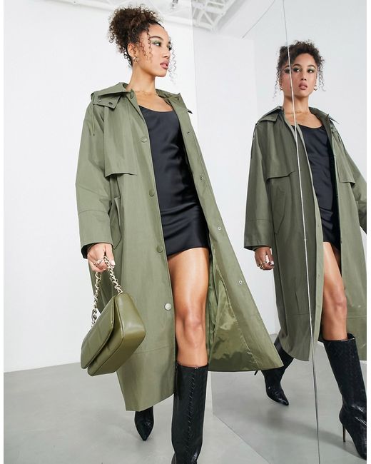 ASOS Edition hooded trench coat in khaki-