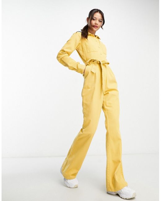 Asos Design long sleeve twill boilersuit with collar in chartreuse-