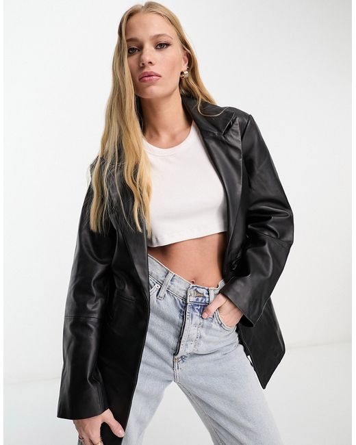 Asos Design premium real leather belted mum jacket in