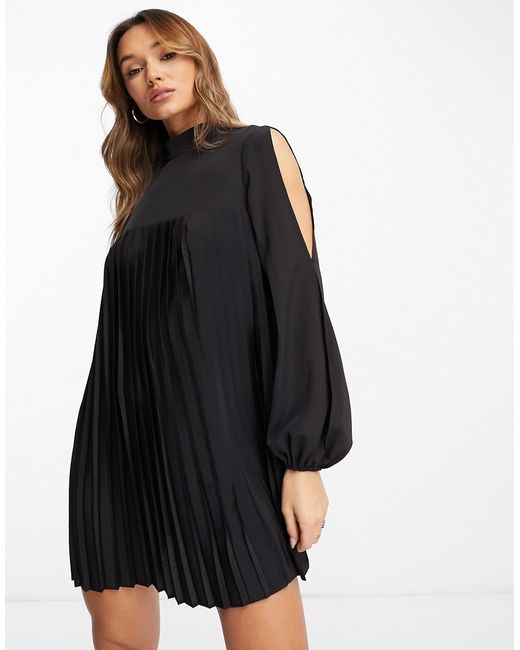 Asos Design high neck pleated trapeze mini dress with split sleeves in