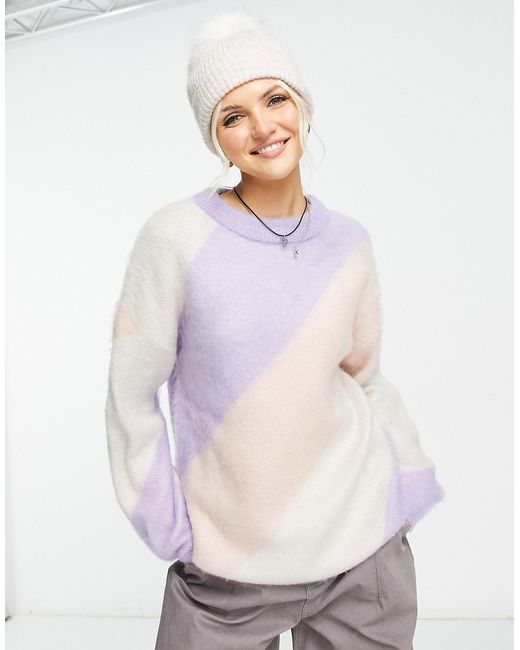 Monki oversized fluffy sweater in pink and purple stripe-