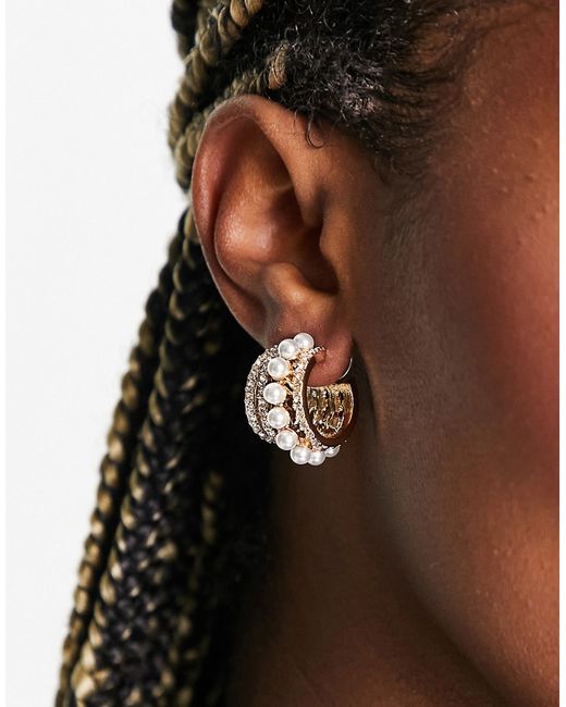 Asos Design hoop earrings with pearl row in tone