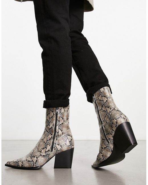 Asos Design heeled boots in snake print faux leather-