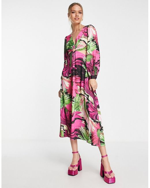 TopShop warped floral cut out detail ring midi dress in