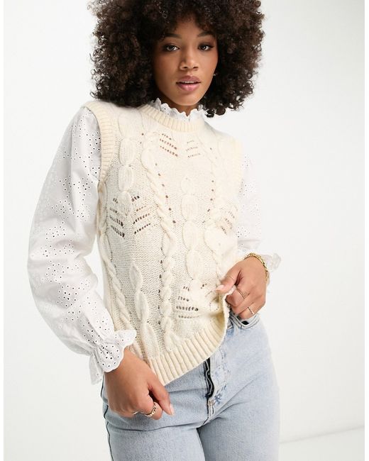 River Island hybrid cable knit broderie shirt sweater in cream-