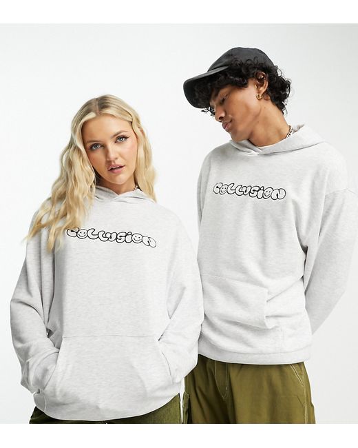 Collusion hoodie with embroidered logo smile print in heather