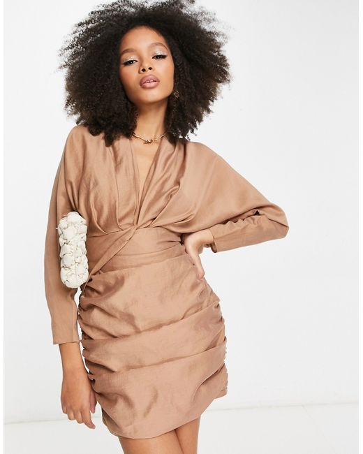 Asos Design washed twist front long sleeve mini dress with ruching in camel-