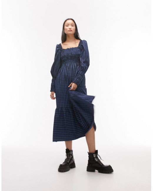 TopShop shirred bust textured check midi dress in