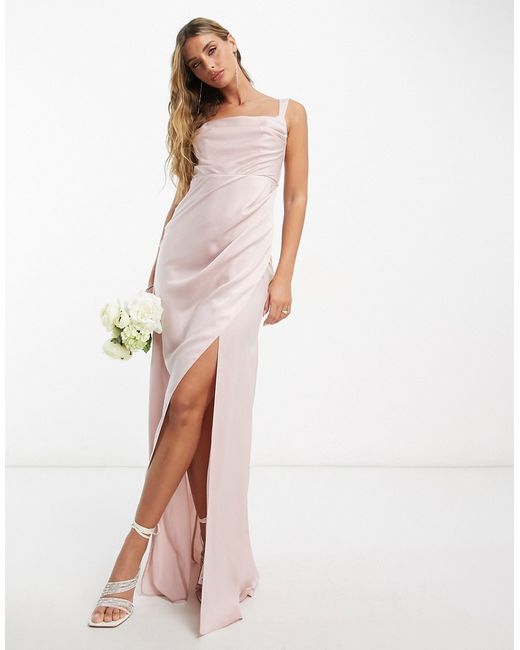 Asos Design Bridesmaid satin drape maxi dress with bow back in blush