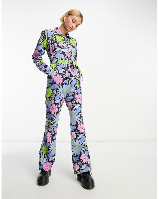 Asos Design long sleeve twill boilersuit with collar in retro floral-