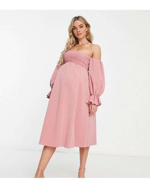 ASOS Maternity DESIGN Maternity shirred bardot blouson midi dress in soft pink-
