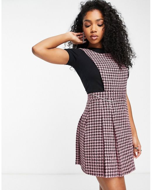Miss Selfridge pleated dogtooth pinny dress with diamante trim detail in black and pink-